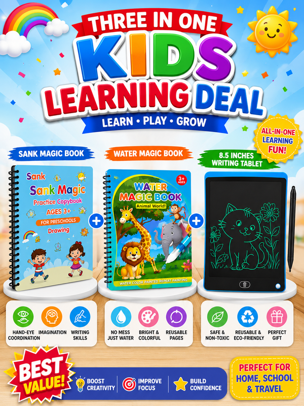 Three In One Kids Learning Deal (Sank Magic Book + Water Magic Book + 8.5 Inches Writing Tablet)