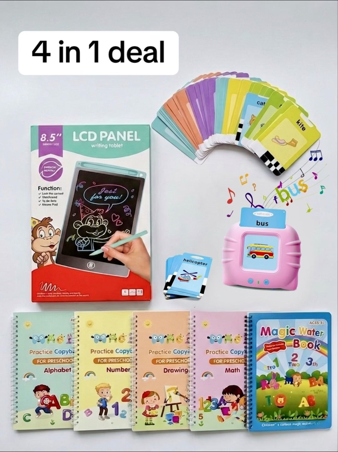 4-in-1 Kids Learning Set – Writing Tablet, Talking Flash Cards, Handwriting Practice Book & Magic Book
