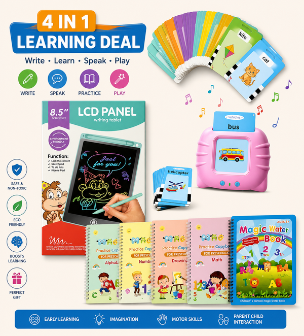4-in-1 Kids Learning Set – Writing Tablet, Talking Flash Cards, Handwriting Practice Book & Magic Book