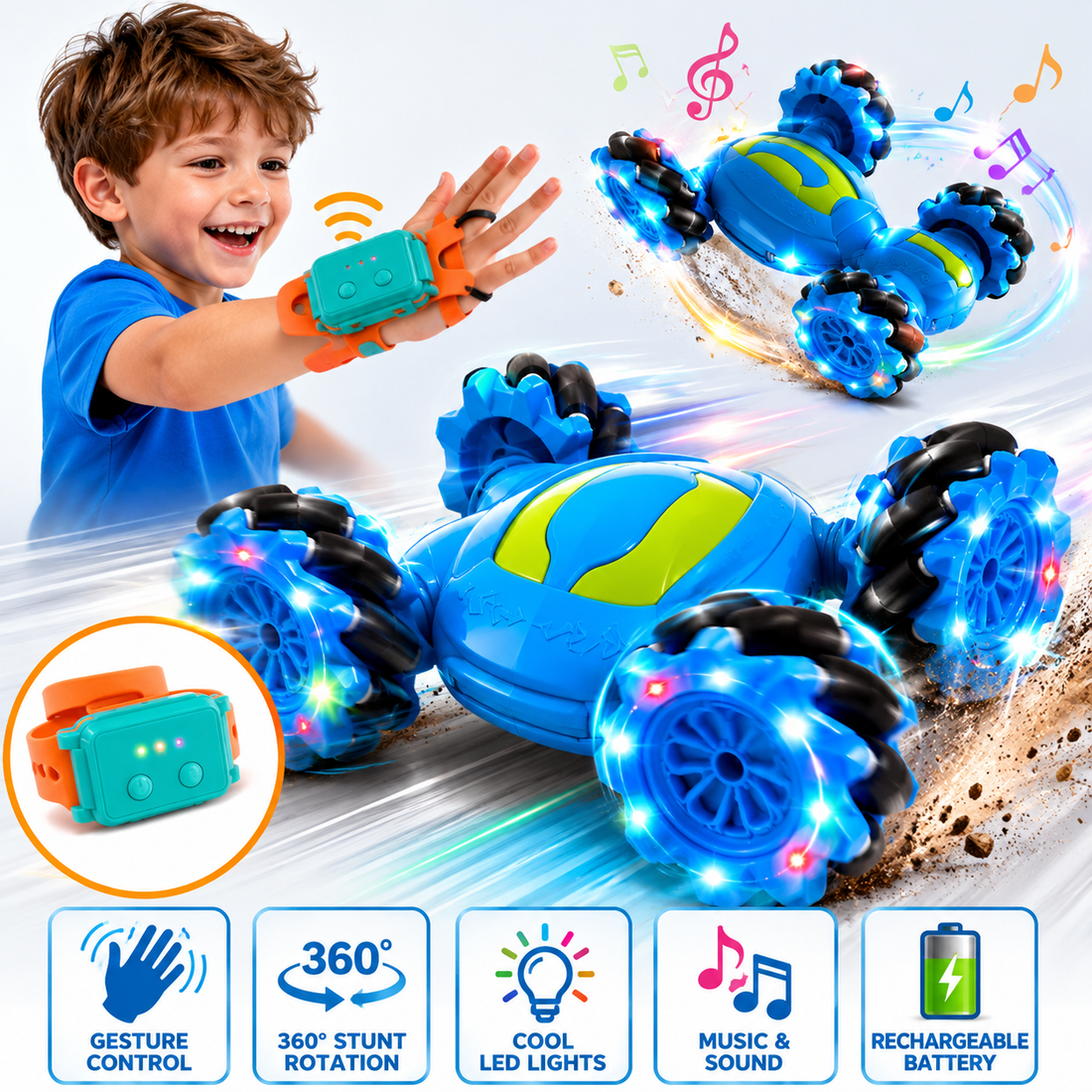 Gesture Sensor RC Stunt Car for Kids with Watch Controller, 4WD Remote Control Drift Car, 360° Rotating Off-Road Stunt Vehicle with LED Lights & Music